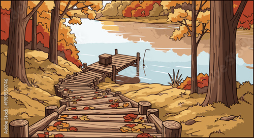 Wooden stairs lead down to a calm lake with a dock in an autumn forest