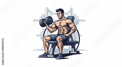 Muscular man sitting on bench doing bicep curls with dumbbells