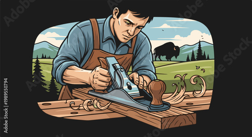 A focused craftsman planes wood outdoors with mountains and a buffalo in background