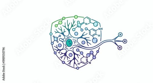 Stylized neural network and molecular structures depicted in a shield