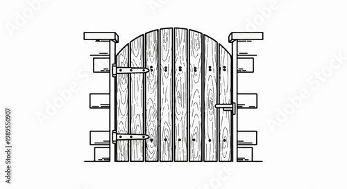 Rustic wooden arched gate with stone pillar accents, a charming entryway