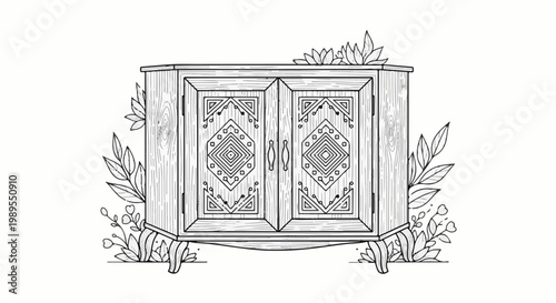 Ornate wooden cabinet with floral embellishments, line art