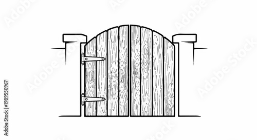 Stylized wooden double gate with arched top, on pillars
