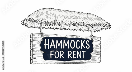 A hand-drawn sign under a thatched roof advertises hammocks for rent