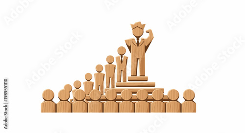 Wooden figures ascend a tiered platform, culminating in a crowned leader