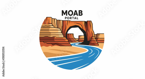 Stylized desert landscape with an arch and a river flowing through it