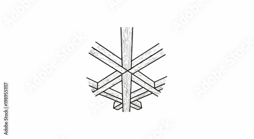 Stylized wooden structure with intersecting beams and central pole