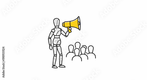 Wooden figure with megaphone addresses audience