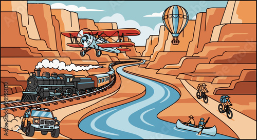 Diverse transportation methods navigate a scenic canyon landscape with river