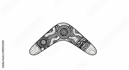 A black and white illustration of a boomerang with intricate dot art patterns