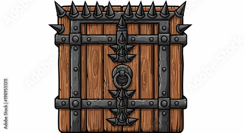 A formidable wooden gate reinforced with spiked metal banding and rings