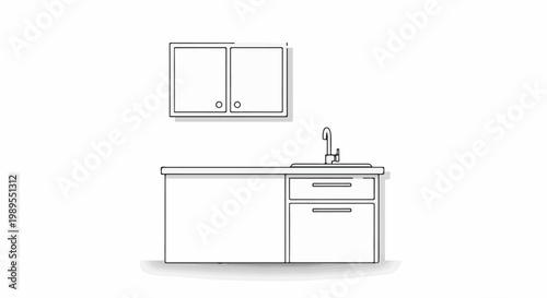 Simple line drawing of kitchen cabinets and sink