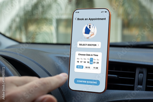 Man touch phone with medical doctor appointment booking app interface