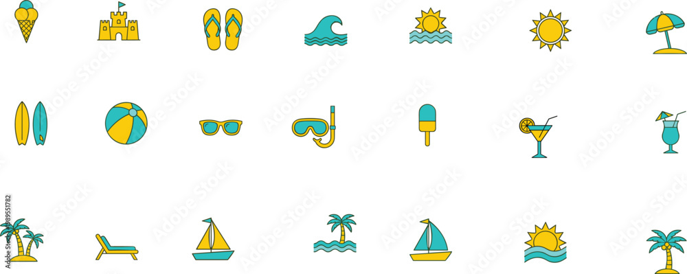 Fototapeta premium Summer beach icon set featuring sun, surfboard, palm tree, sailboat, ice cream, cocktail, sunglasses, sandcastle, and ocean waves for seasonal design.