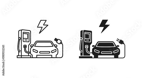 Electric car charging station icon set, outline and solid glyph style, white background