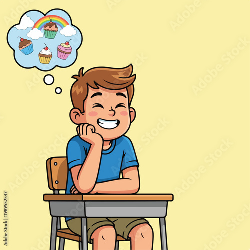 Happy schoolboy thinking about cupcakes and sweets at desk