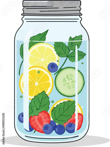 Flat vector illustration of a single glass jar of flavored infused water isolated on white, healthy hydration and wellness concept.