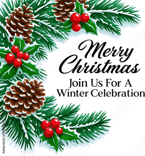 Create a Christmas corner garland with snowy fir branches, pine cones, and holly berries. Frosty festive design for winter banners, cards, invitations, posters vector art with white background..