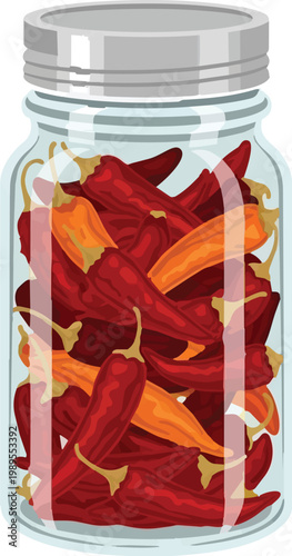Flat vector illustration of a single glass jar of gourmet dried chilies isolated on white, spicy culinary ingredient for recipe design concepts.