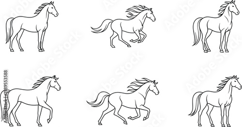 Beautiful Horse Line Art Icon Set Featuring Various Horse Poses and Movements for Equestrian Designs