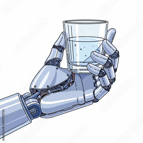 A robotic hand holds a glass of clear liquid carefully indoors.