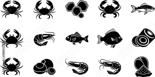 Collection of black seafood including crabs shrimp fish oysters and cuttlefish