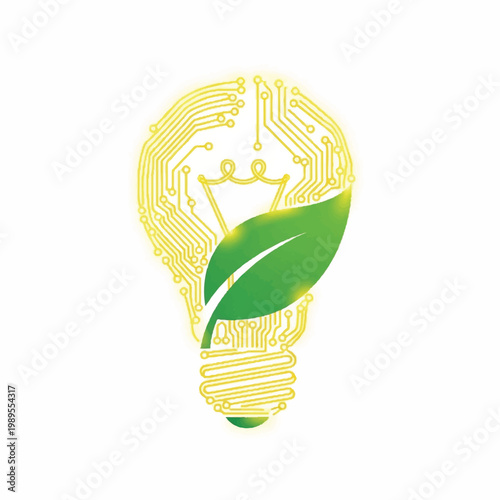 A green leaf emerges from a glowing lightbulb with circuit board design
