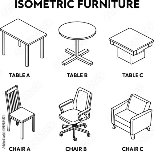 Create a kinds of deferent kinds of deferent isometric table, chair line vector line vector art with white background vector art with white background.