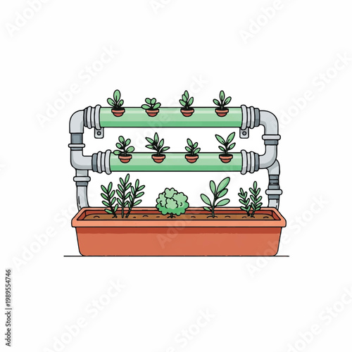 A hydroponic system with plants growing in pipes and a planter box