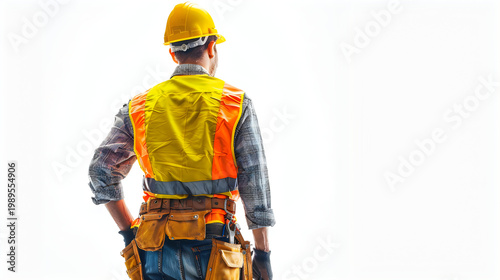 Construction worker backside view wearing yellow hard hat and orange safety vest with tool belt