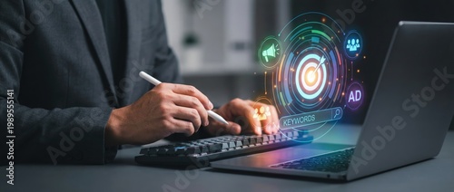 Digital marketing strategy development office workspace visual content professional environment close-up view technology integration for enhanced engagement and success