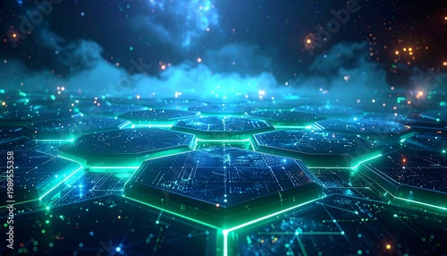 Futuristic Cyber Network with Glowing Lights and Hexagons
