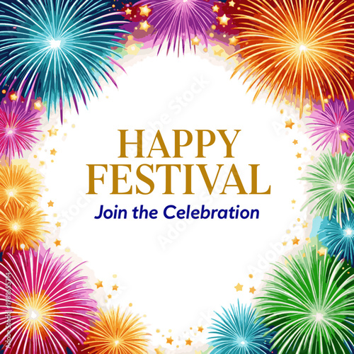 Create a realistic decorative border with colorful exploding fireworks in the sky - celebration card, festival banner vector art with white background..