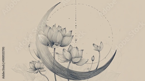 Intricate Minimalist Lotus and Crescent Moon Illustration with Celestial Elements in Monochrome Line Art Style