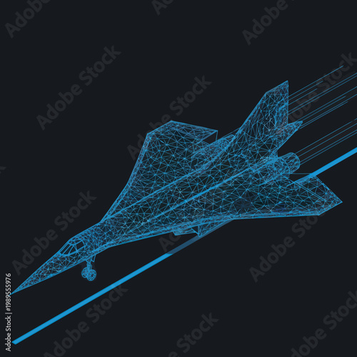 Wireframe Model of Futuristic Fighter Jet.