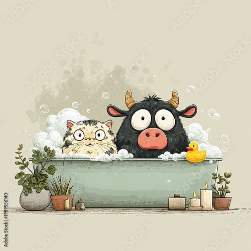 Whimsical Cat and Bull Cartoon Taking a Bubble Bath in Vintage Tub with Rubber Duck and Plants