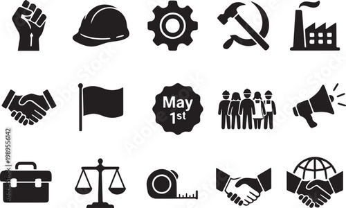 A collection of black silhouettes representing labor industry and international solidarity concepts high-quality