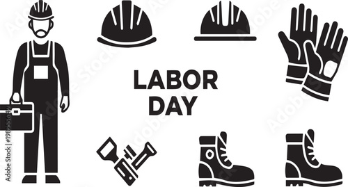 A black and white illustration depicting labor day with worker icons and protective equipment