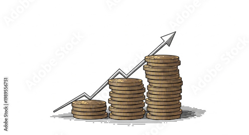 Stacks of coins with an upward trending arrow symbolizing financial growth.