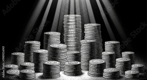 Stacks of coins illuminated by dramatic light.