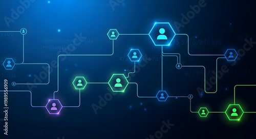 Abstract network connections with glowing hexagonal user icons on a blue