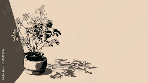 Minimalist vector illustration of a potted decorative plant casting a long shadow on an interior wall, evoking a serene and aesthetic home environment