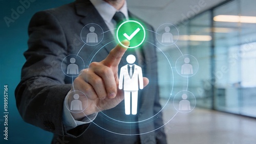 Businessman selecting hiring best candidate for job with digital interface hologram technology