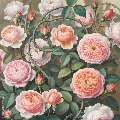 Seamless pattern of pink roses with floral blossoms and leaves on a romantic decorative background