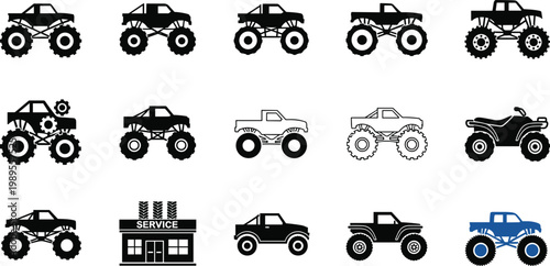 Set of Monster Truck Illustrations with Various Poses, Service Icons, and Off-Road Designs for Automotive and Sports Graphics