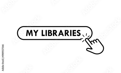 Digital library button icon with a clicking mouse cursor, representing online educational access, book collection web interface, and electronic knowledge database navigation.