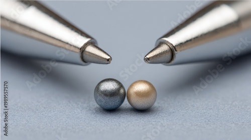 Close up of silver pens and two metal balls on smooth surface