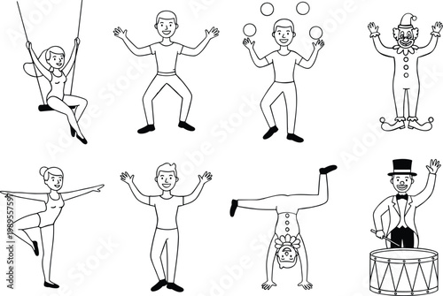 Collection of circus performers including acrobats jugglers clowns and ringmaster for entertainment and carnival concept vector illustration.