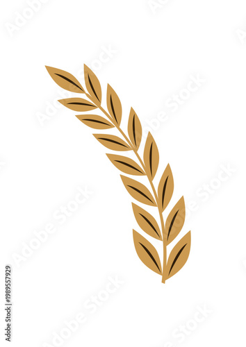 Stylized olive branch or wheat stalk in gold flat design.
