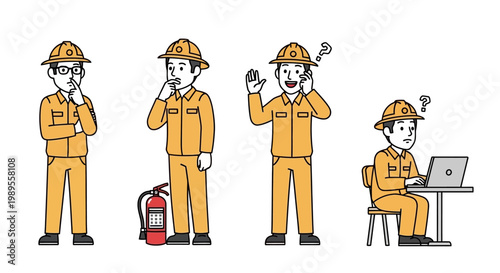 Firefighter characters in various poses and emotions.